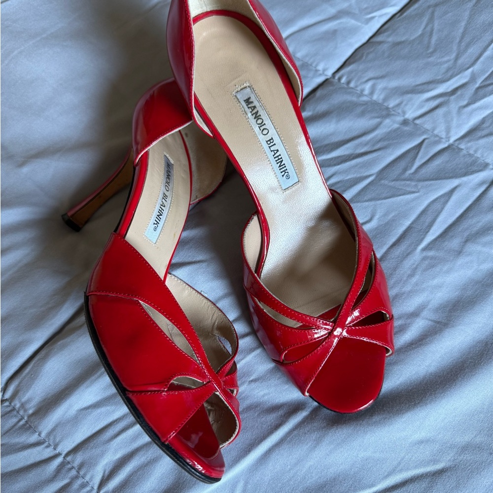Manolo Blahnik Vintage Scarlet Peep Toe Red Patent Pump Heels, 38.5